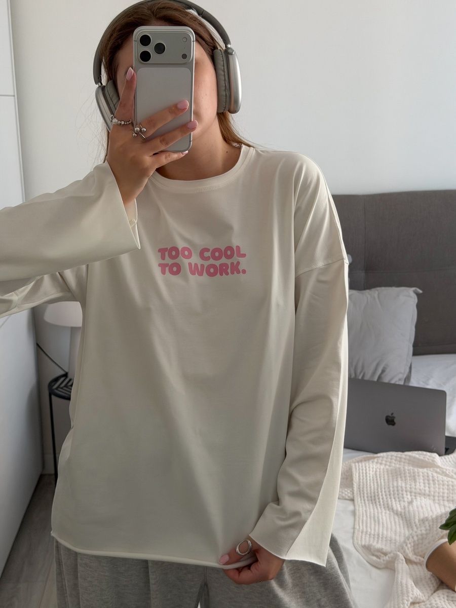Лонгслів longline з принтом "too cool to work" білий, one size F2439 фото