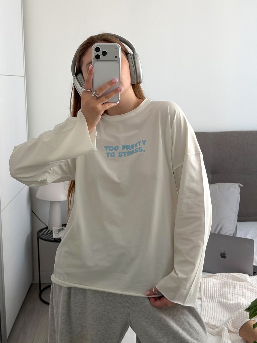 Лонгслів longline з принтом "too pretty to stress" білий, one size F2440 фото