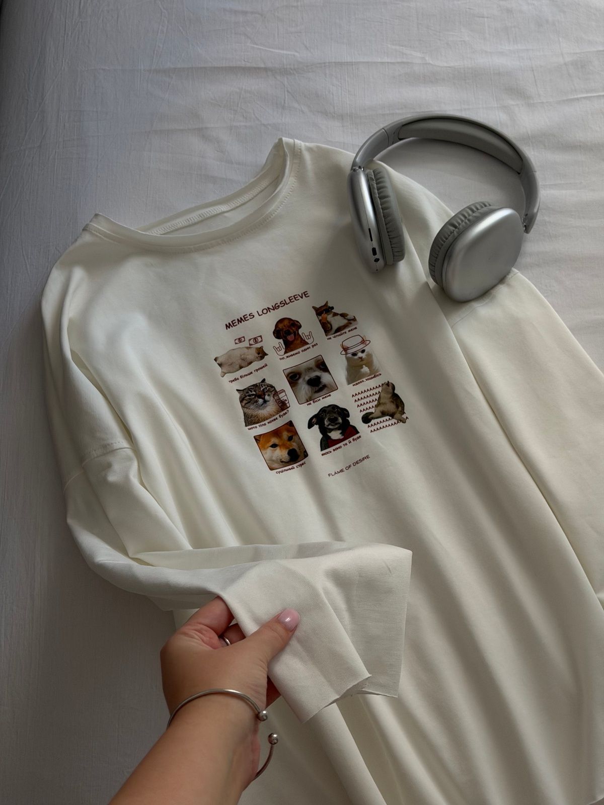 Лонгслів longline з принтом "memes longsleeve" білий, one size F2442 фото