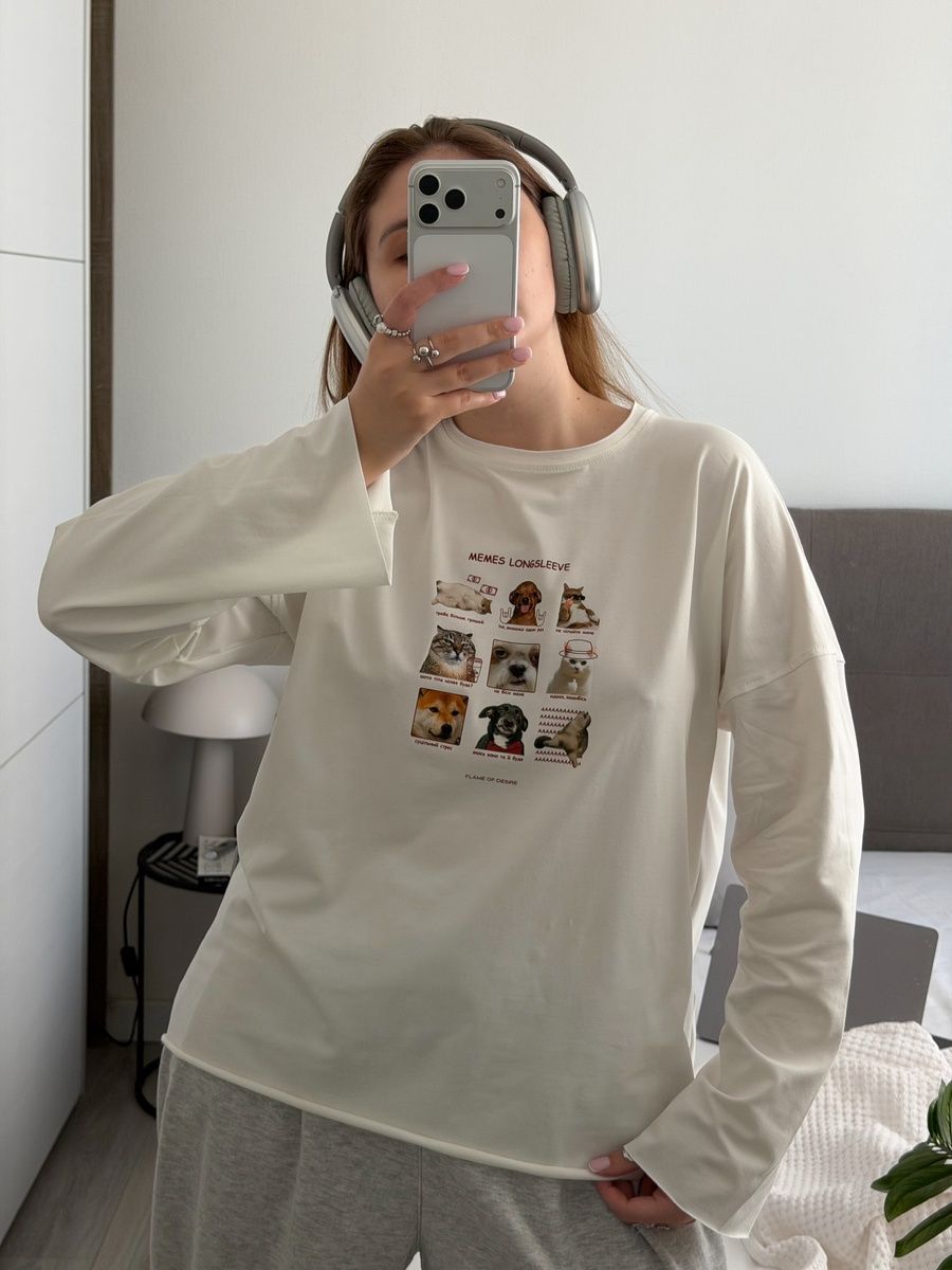 Лонгслів longline з принтом "memes longsleeve" білий, one size F2442 фото